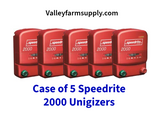 Case of 5 red colored Speedrite S2000 electric fence chargers on white background