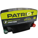 Patriot PMX1500 fence energizer on a white background with green label and black case showing green and red fence terminals