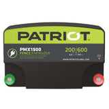 Patriot PMX1500 fence charger on a white background with red and green fence terminal knobs