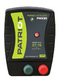Patriot PMX50 electric fence charger with green and red buttons on a black background