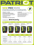 Advertisement for Patriot PMX mains energizers/chargers with product specifications on a green background.