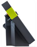 Black patriot electric fence charger with a green band on a white background
