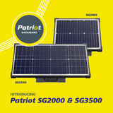Two solar fence charger panels with Patriot Datamarks branding on a yellow background