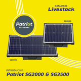 Solar electric fence charger panels with Patriot and Datamars Livestock branding on a yellow background