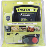 Patriot PMX200 fence energizer packaging with images of animals and text on a yellow background