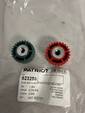 Two Terminal knobs for electric fence charger, one green and one red, in a clear plastic package with a Patriot label.