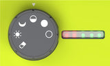 Round power switch of a patriot sg2000 with icons and a row of lights on a green background