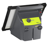 Rear view of a Patriot Solarguard 2000 electric fence charger with a green label on a white background