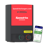 Speedrite U15000W electric Fence Charger with  red and black case next to a cell phone with the datamars Pro app controlling the fence wore on white background