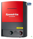 Speedrite 31000W electric fence Charger with red and black case and terminal knobs for fence connections and white background
