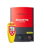 Speedrite 31000W electric fence Charger with red and black housing with yellow speedrite fault finder and white background