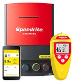 Speedrite 46000W electric Fence Energizer with remote control and phone app for controlling cattle and livestock is red and black with 3 fence terminals