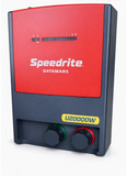 Speedrite U20000W electric fence energizer with read and green terminal knobs with red and black case on white background