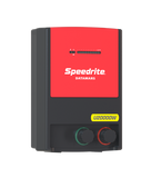 a Speedrite brand electric fence energizer / charger facing to the right is red and black in color and says U20000W on yellow label