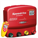 Red Speedrite Datamars 6000i electric fence energizer with a yellow handheld device on a white background