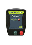 black and green Patriot Pmx 600 electric Fence Charger with green banner and red light and white background