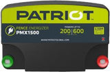 Black and green PATRIOT PMX 1500 110V AC POWERED electric FENCE CHARGER, rated at 200 MILE / 600 ACRE with white background
