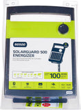 Package containing a Patriot SG500 SolarGuard 500 Solar Powered Fence Charger with lettering and advertising