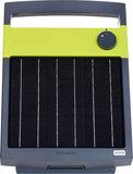 front view of a Patriot SG500 SolarGuard 500 Solar Powered Fence Charger shows power switch and solar panel