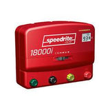 SPEEDRITE 18000i electric fence charger with red case and writing on a white background