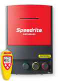 SPEEDRITE 86000W and Remote / Fault Finder rated at  540 Mile or 6200 Acre and 86 Joules is red and black with a yellow remote control and terminal knobs on white background