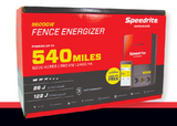 new SPEEDRITE 86000W and Remote control in red and black packaging with a white background and rated for 540 miles of electric fence